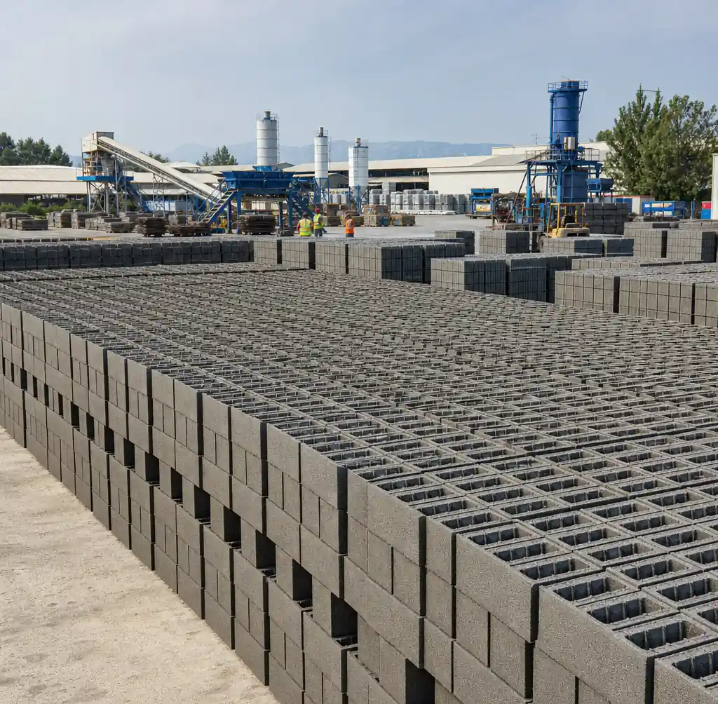 Mass production of concrete blocks showing high-volume output capacity