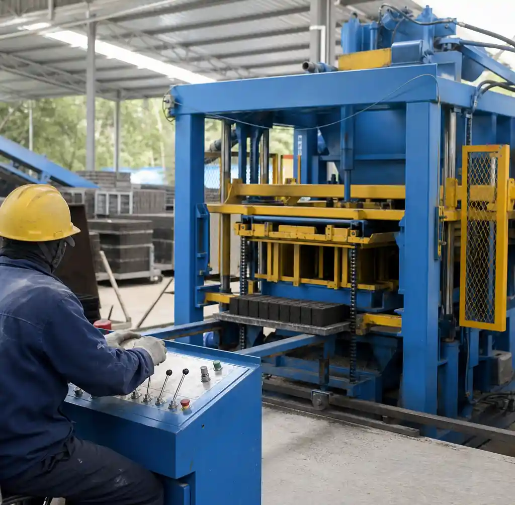 QT4-40 manual block machine operation showing worker-controlled cycle
