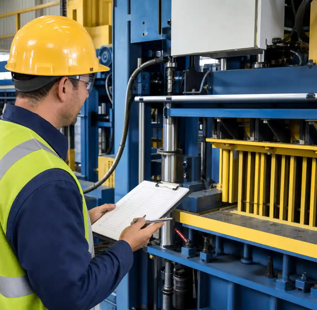 Operator conducting pre-operation safety inspection on block making machine with checklist
