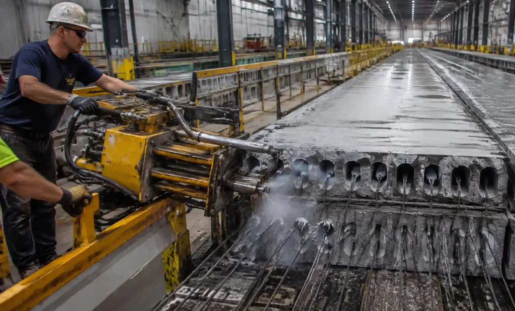 Strand cutting operation releasing prestress force into cured hollow core slabs
