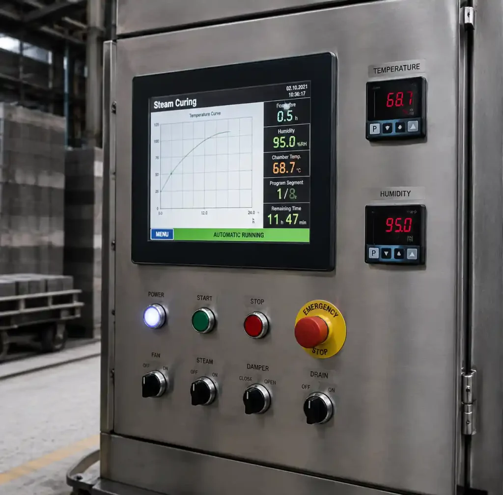 Steam curing control panel showing temperature and timing settings