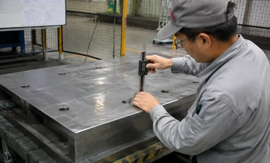 Technician measuring steel brick pallet flatness tolerance with precision tools