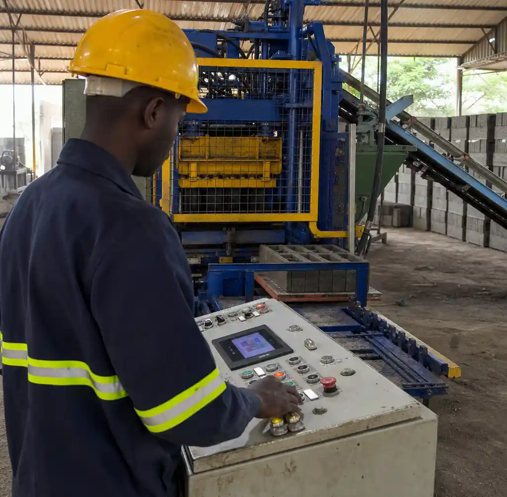 African worker operating semi-automatic block machine control panel