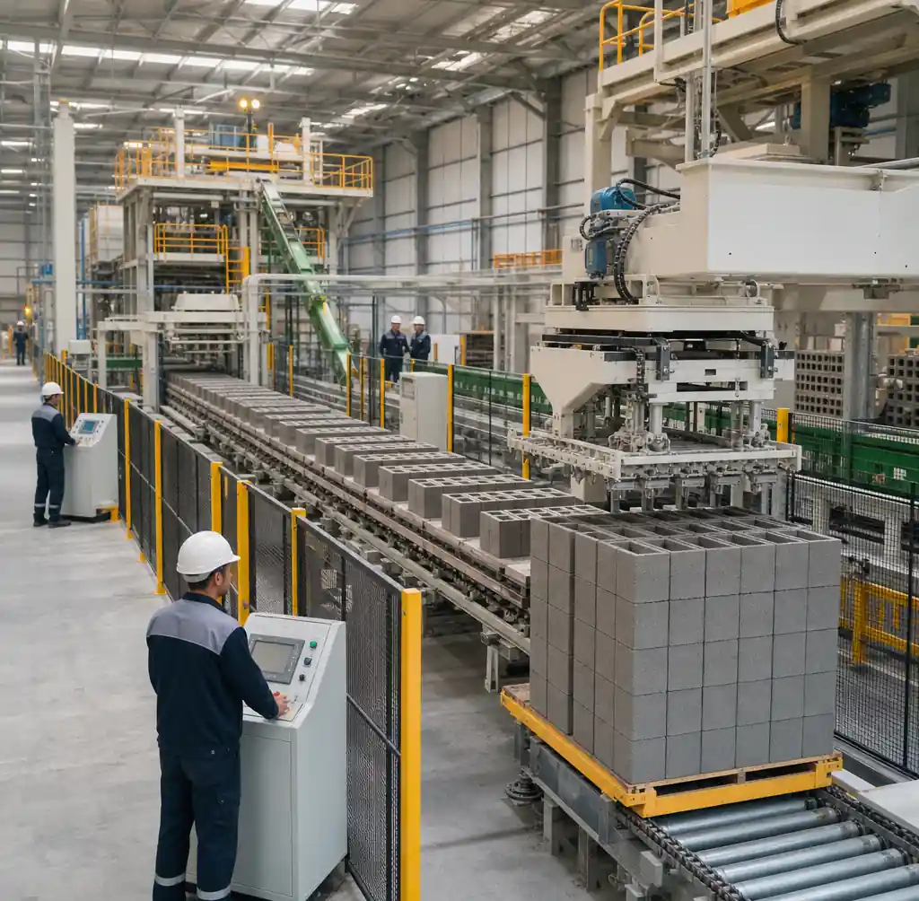 Automatic block production line with minimal workers showing labor efficiency