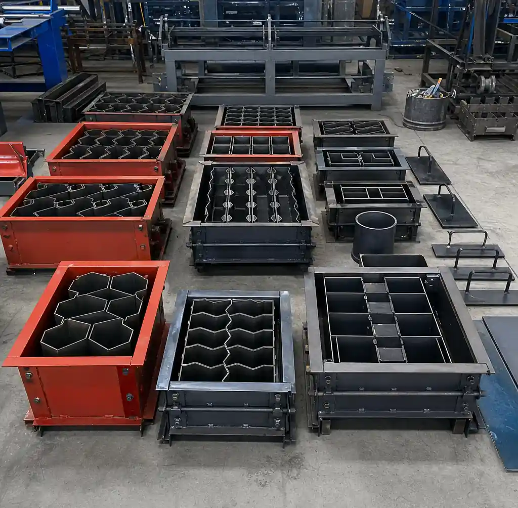 Various concrete block molds and production accessories for block making machines