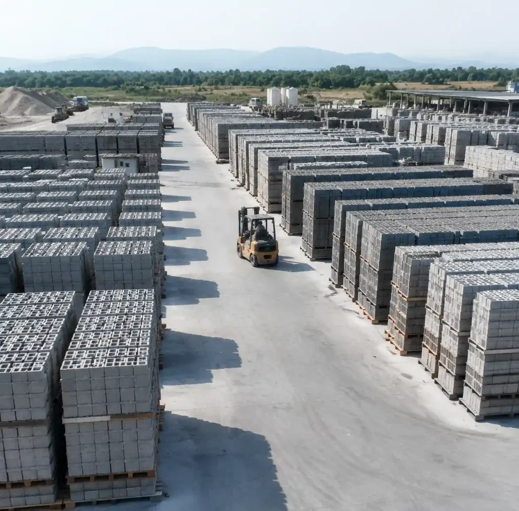 Block curing yard showing organized rows of stacked concrete blocks on pallets with forklift access aisles