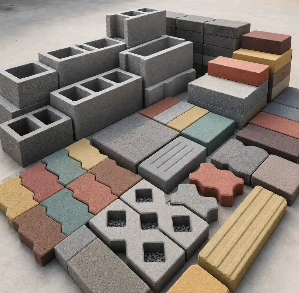 Variety of concrete block products including hollow blocks, pavers, and interlocking blocks