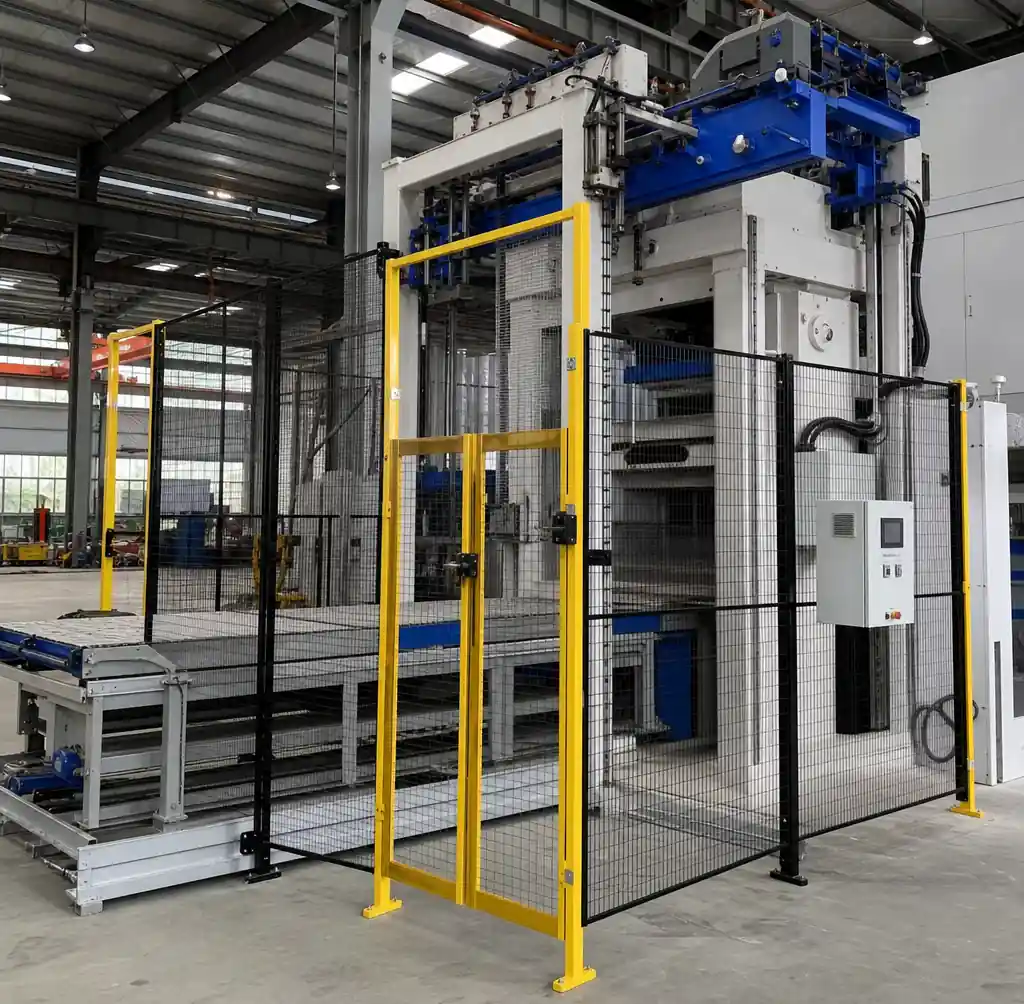 Safety guards and barriers installed around block making machine operational zone