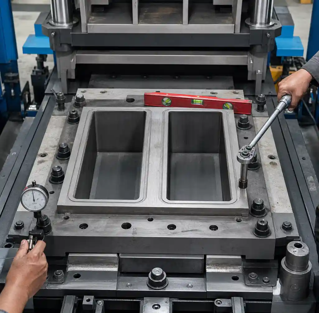 Block machine mold being installed and calibrated with precision tools