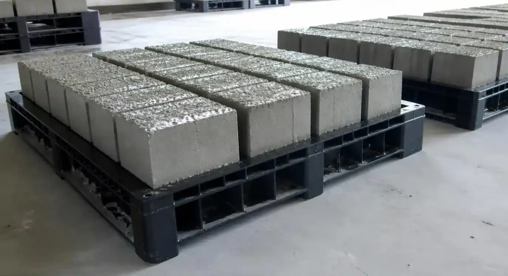 Plastic HDPE brick pallets with fresh concrete blocks showing moisture resistance