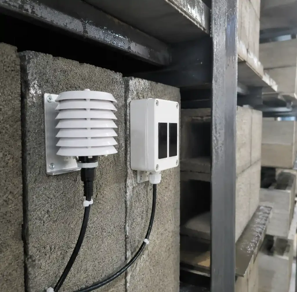 Temperature sensors installed in concrete block curing chamber