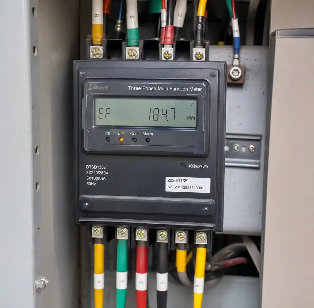 Three-phase electrical meter monitoring block machine power consumption