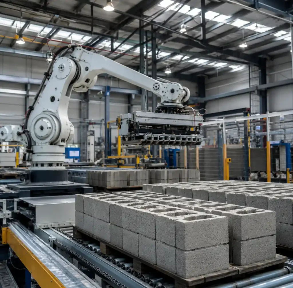Automated concrete block production machinery with robotic handling systems