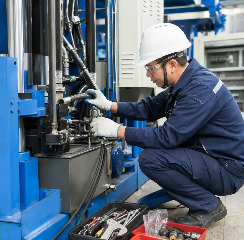 Technician performing preventive maintenance on automatic block machine