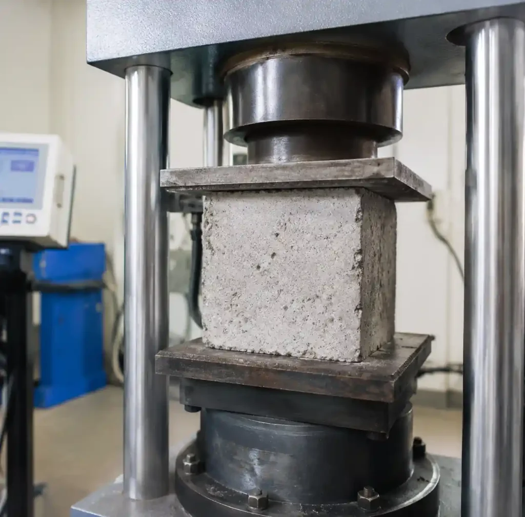 Compression testing machine testing cured concrete block strength
