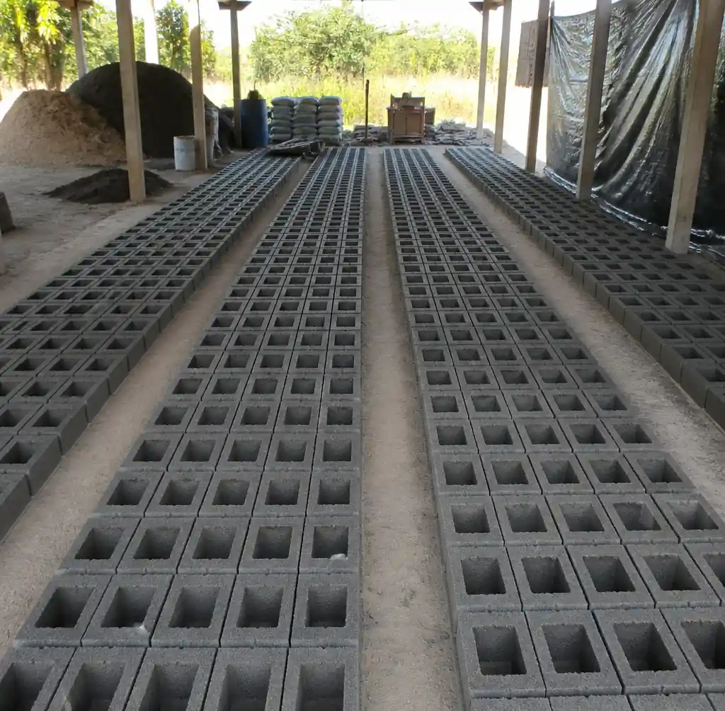 Concrete blocks curing directly on ground without pallets in organized rows