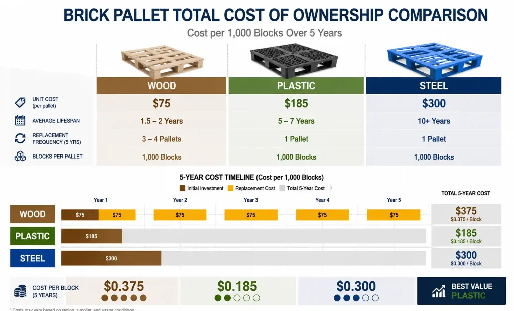 Cost comparison chart showing wood steel and plastic brick pallet economics over time
