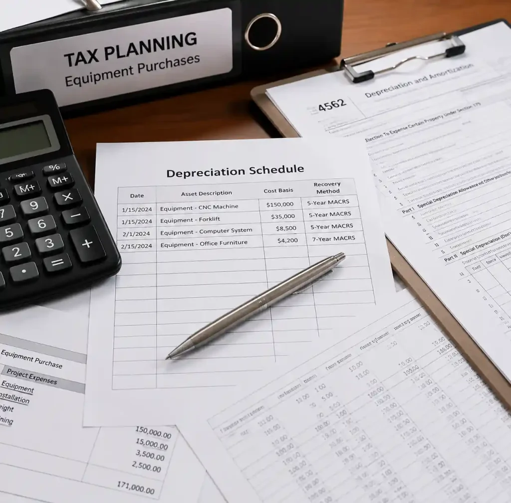 Tax planning documents showing equipment depreciation schedules and deductions