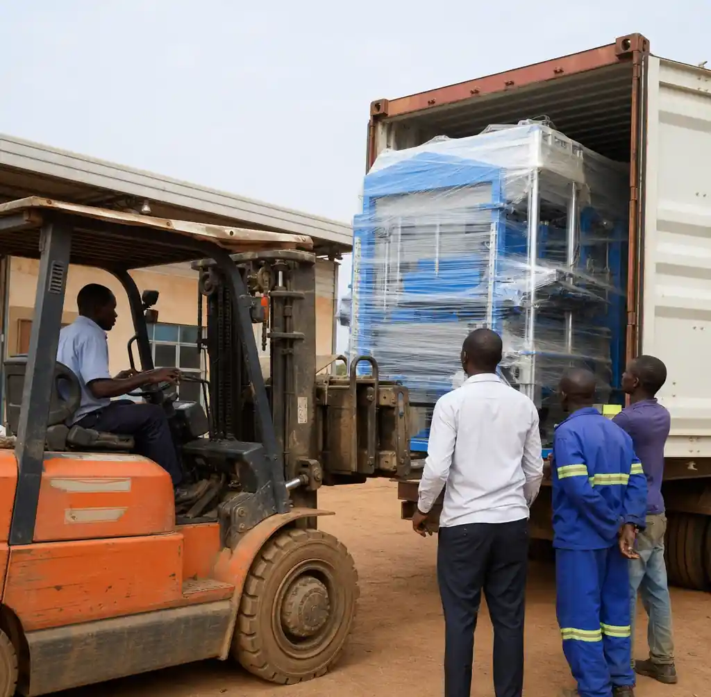 Workers unpacking block making machine from shipping container at factory site