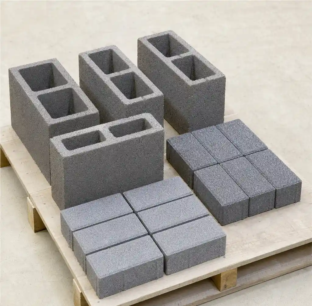 Various concrete block types produced by QT4 series machines including hollow blocks and pavers