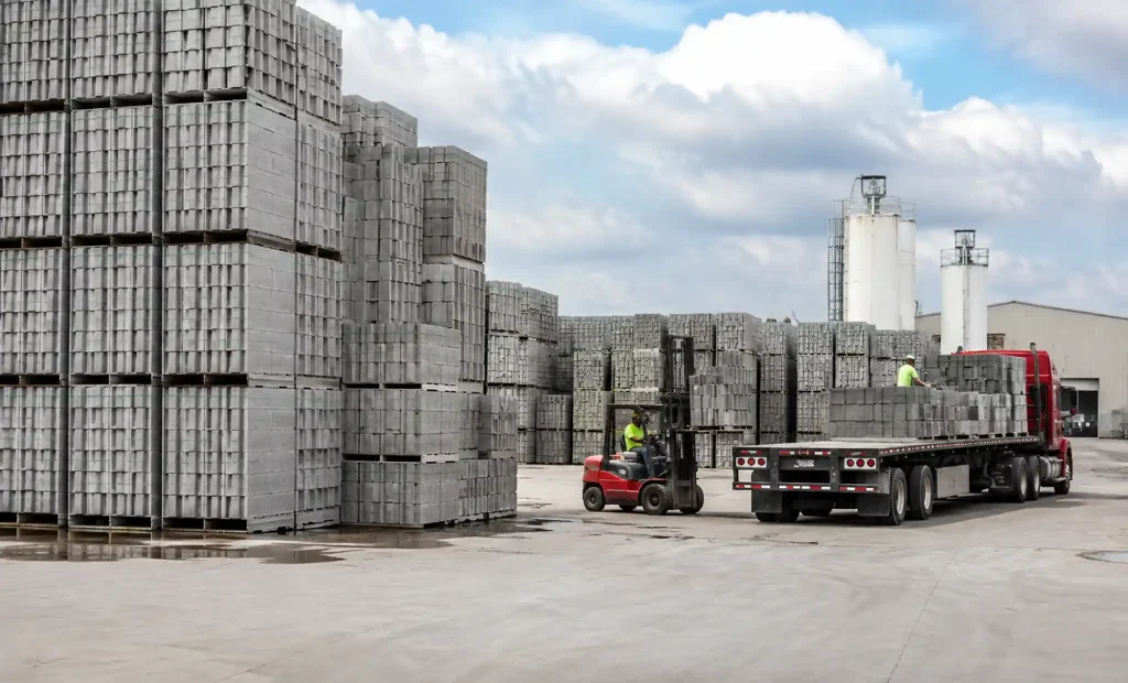 Finished concrete blocks storage area with high-density stacking and truck loading bay