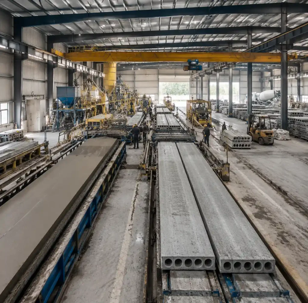 Hollow core slab manufacturing facility showing production scale and equipment investment
