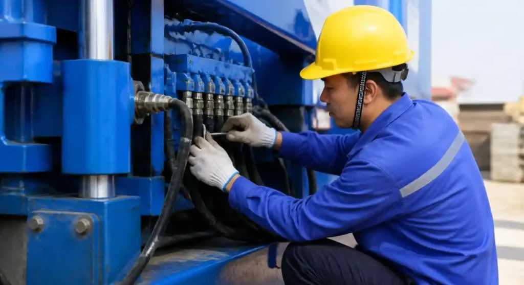 Technician performing hydraulic system maintenance on block making machine