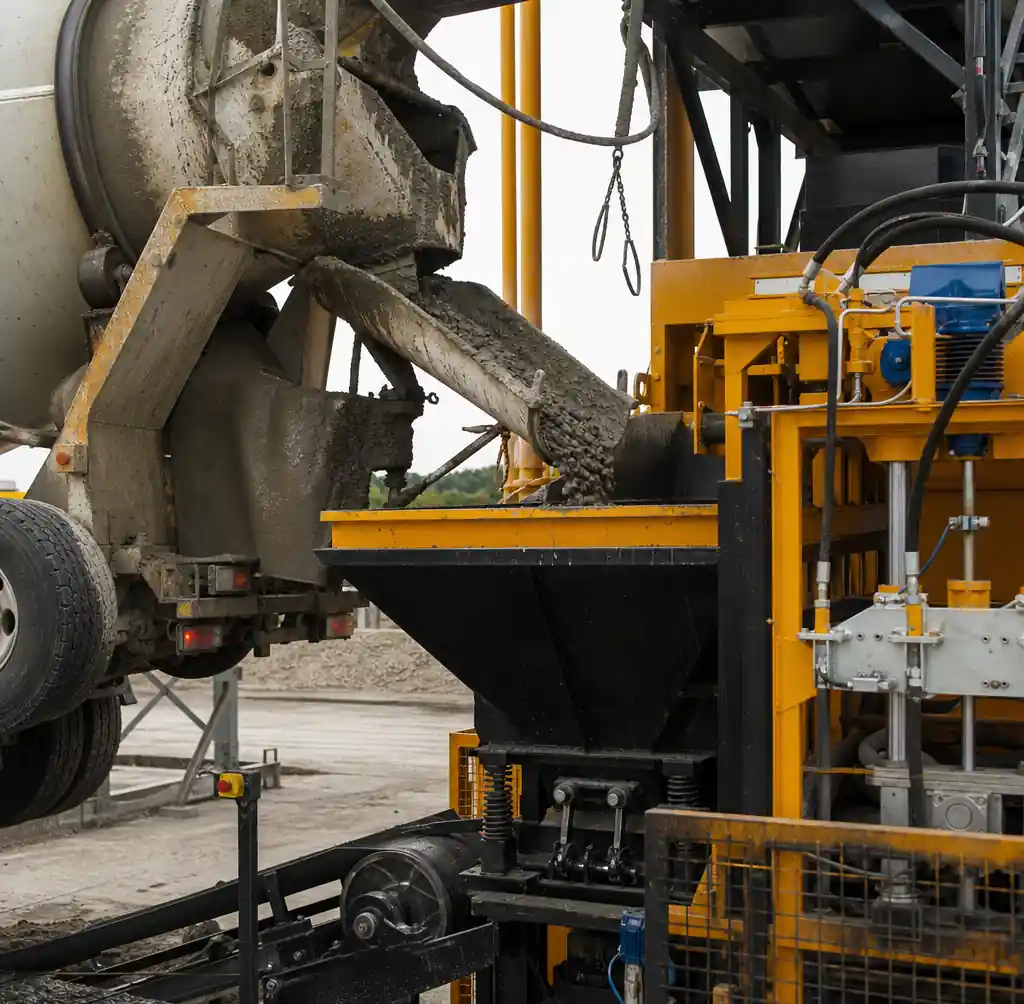 Concrete mixer integrated with block machine showing material flow synchronization
