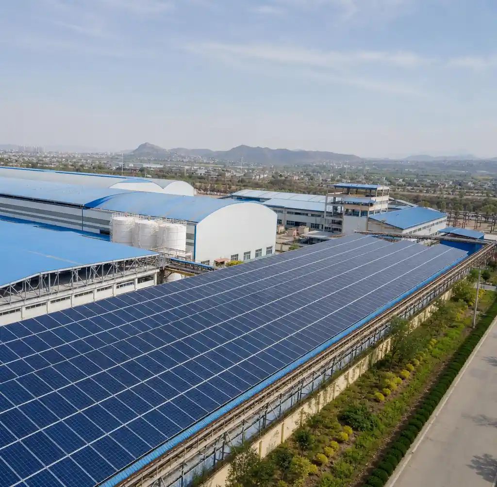 Solar panels installed at block making factory for hybrid power system