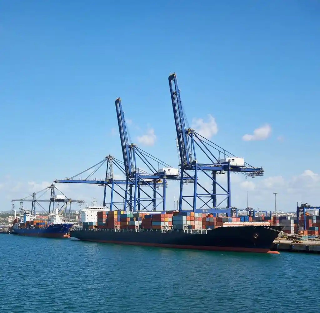 Port operations during dry season showing efficient cargo handling and clear weather conditions