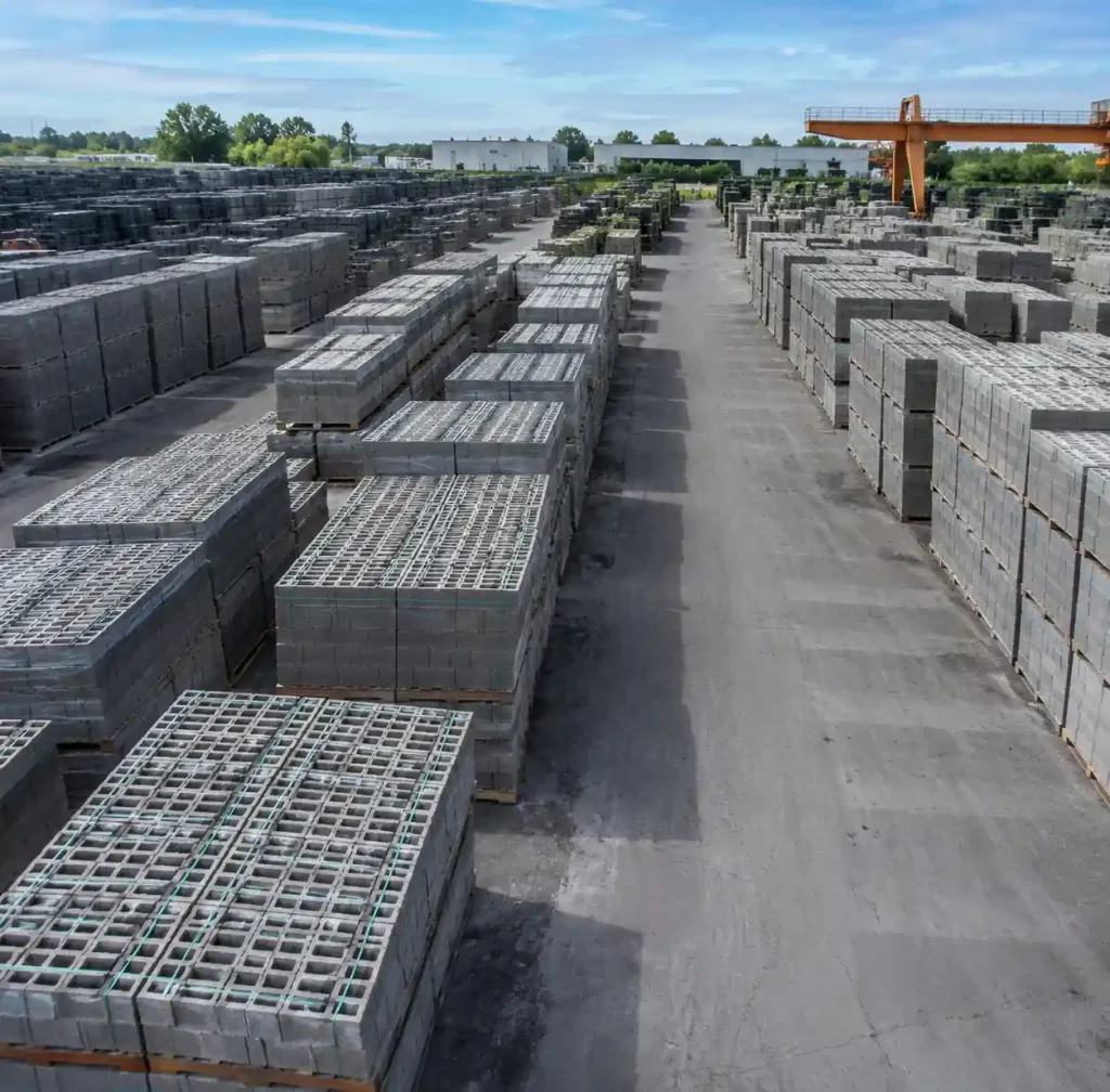 Large-scale block curing area with organized inventory on pallets