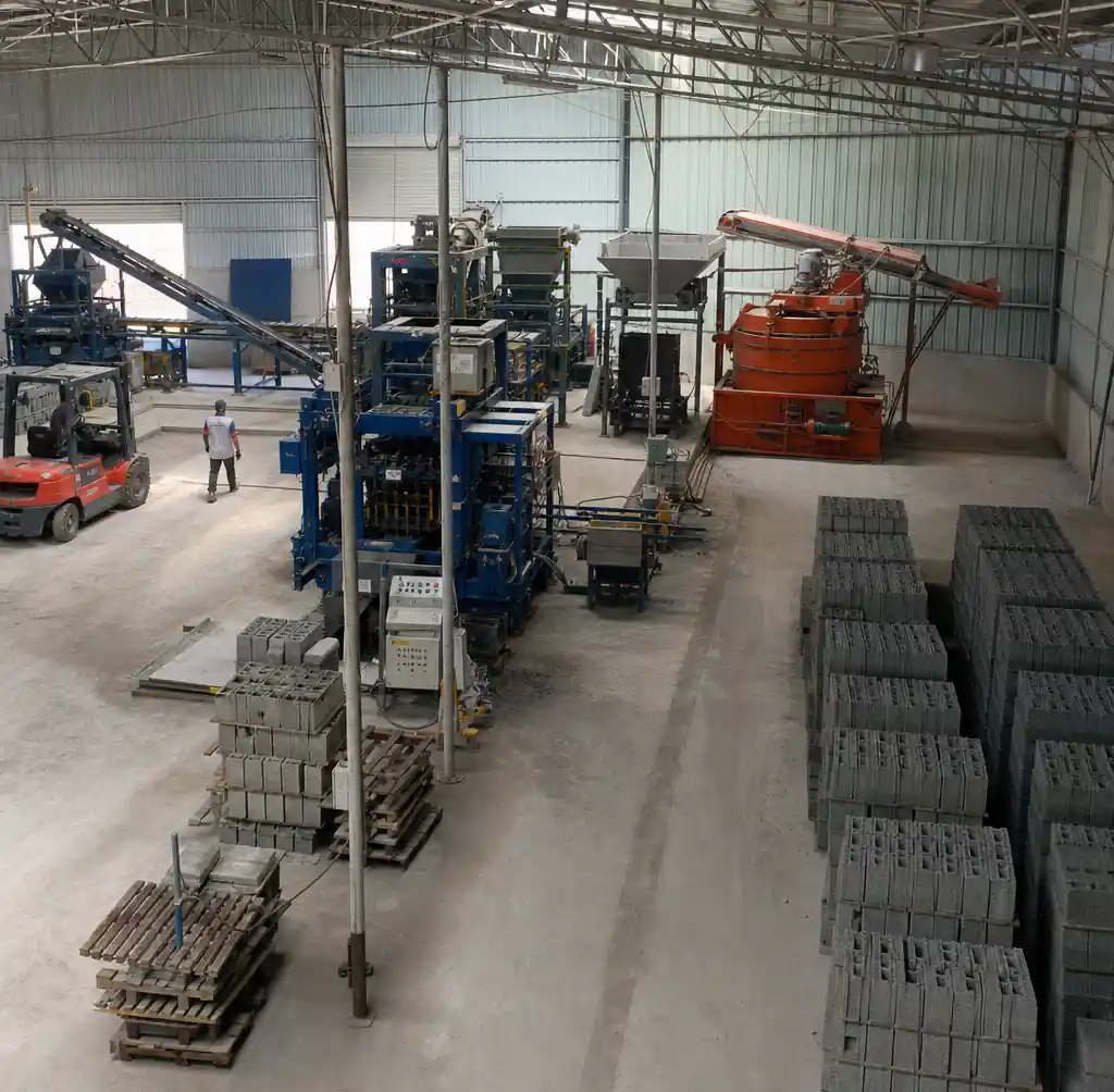 Block making workshop facility showing production area layout and equipment setup