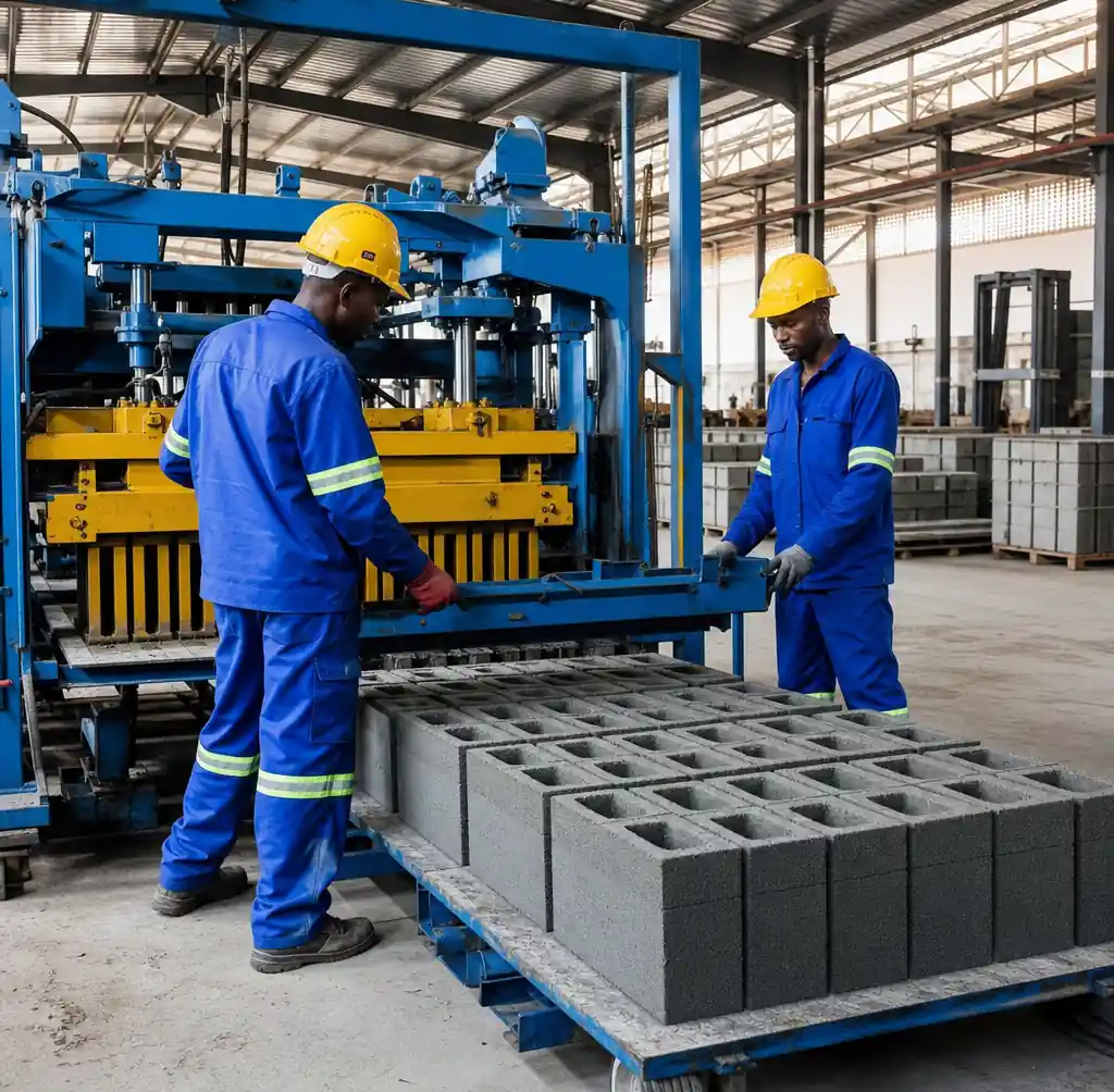Workers operating block making equipment in concrete block production facility