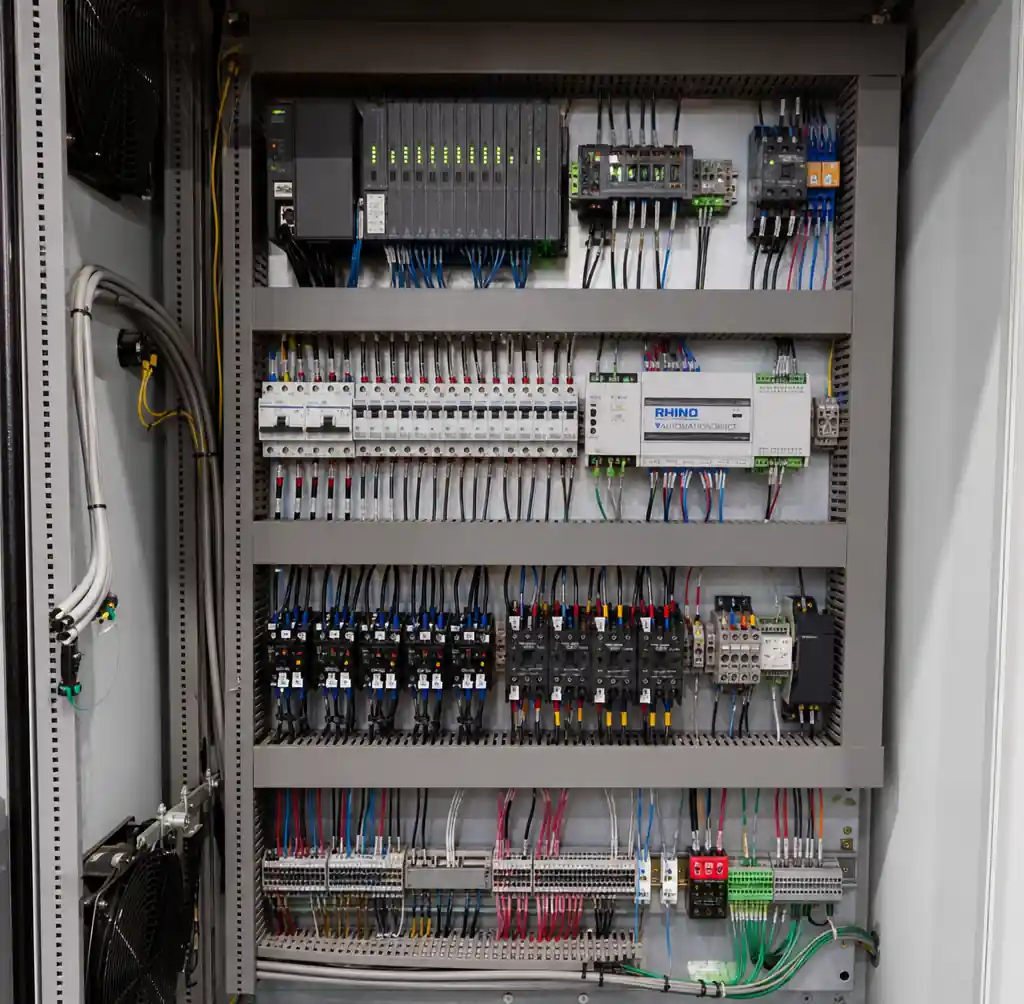 Integrated PLC control system managing batching machine and mixer coordination