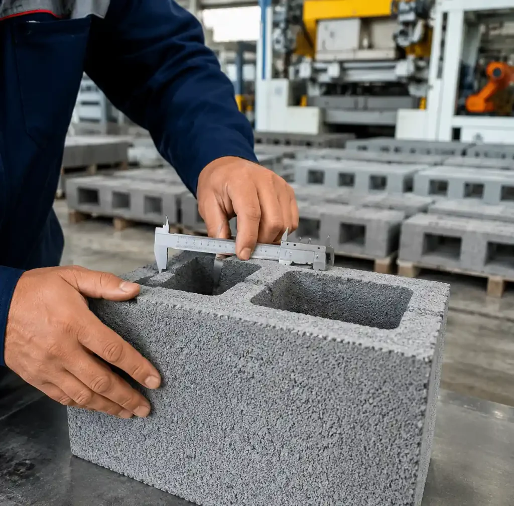 Quality control inspector measuring concrete block dimensions after curing