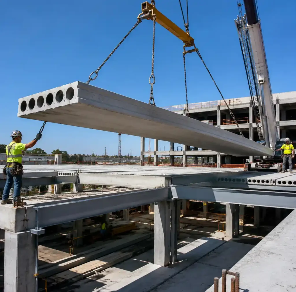 Hollow core slabs being installed in multi-story parking structure construction project
