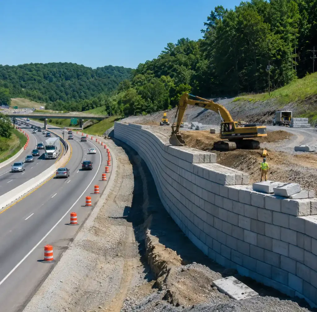 Infrastructure construction project using concrete blocks for retaining walls and foundations