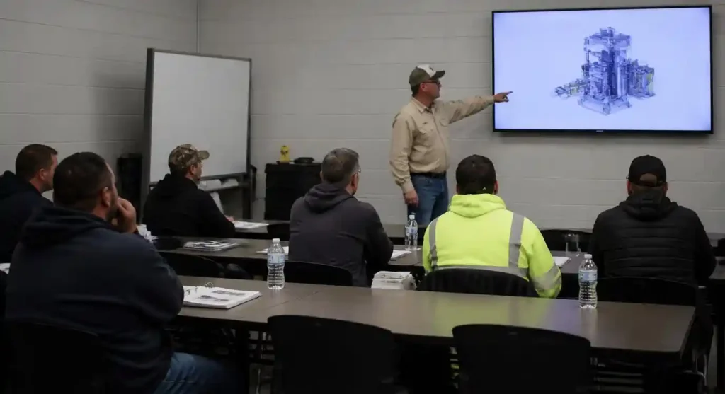 Safety training session for block making machine operators with instructor and trainees
