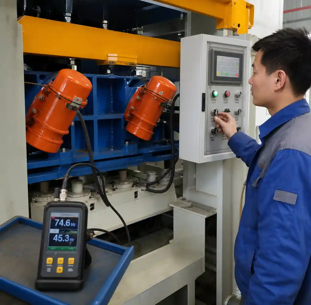 Technician adjusting vibration motor settings on block machine