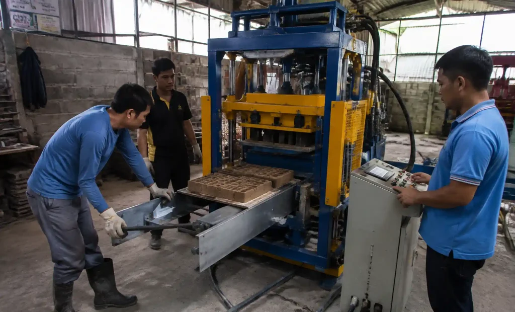 Workers being trained on egg layer block machine operation