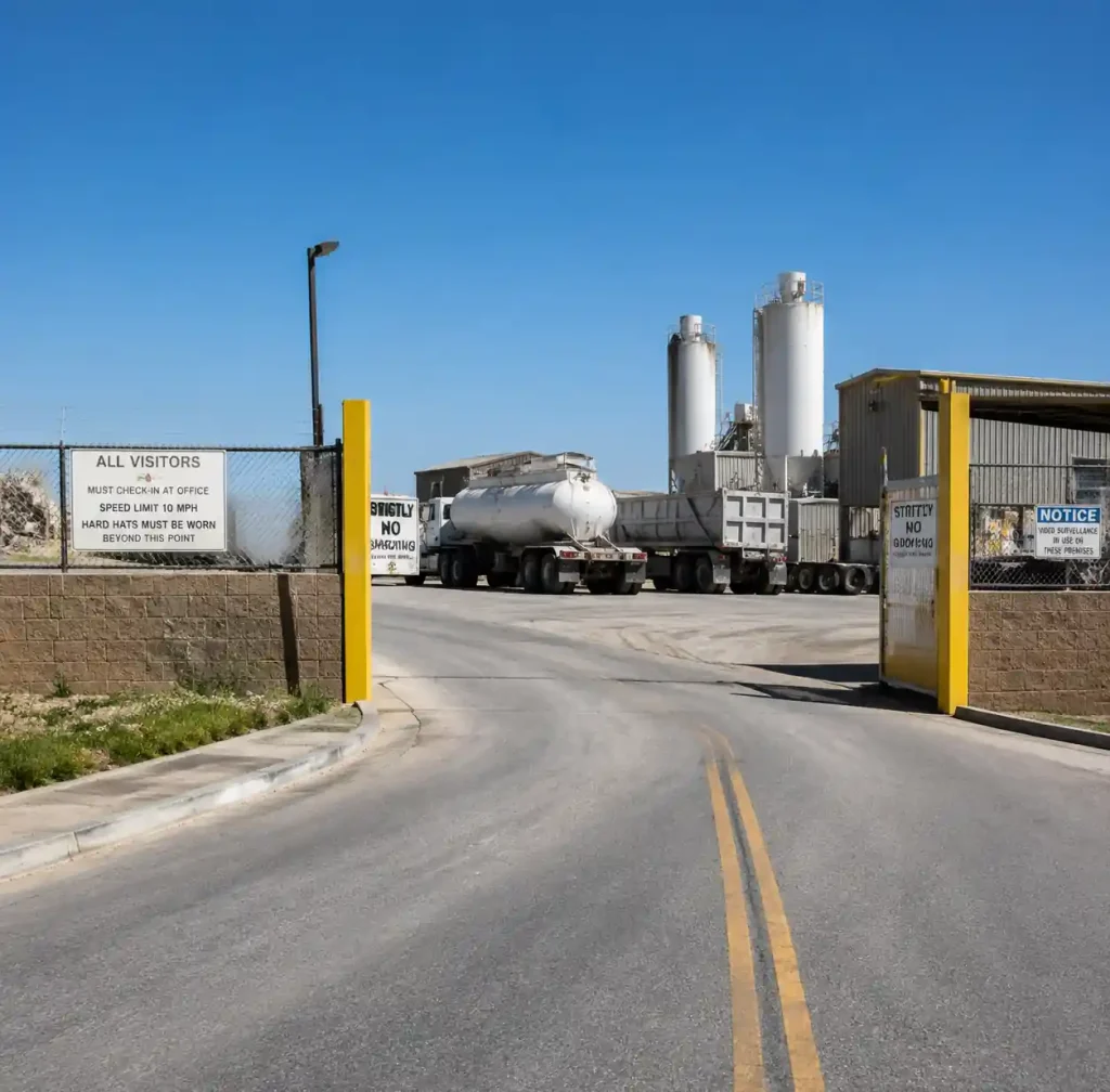 Block factory entrance showing paved access road and truck circulation for raw material delivery and product shipping