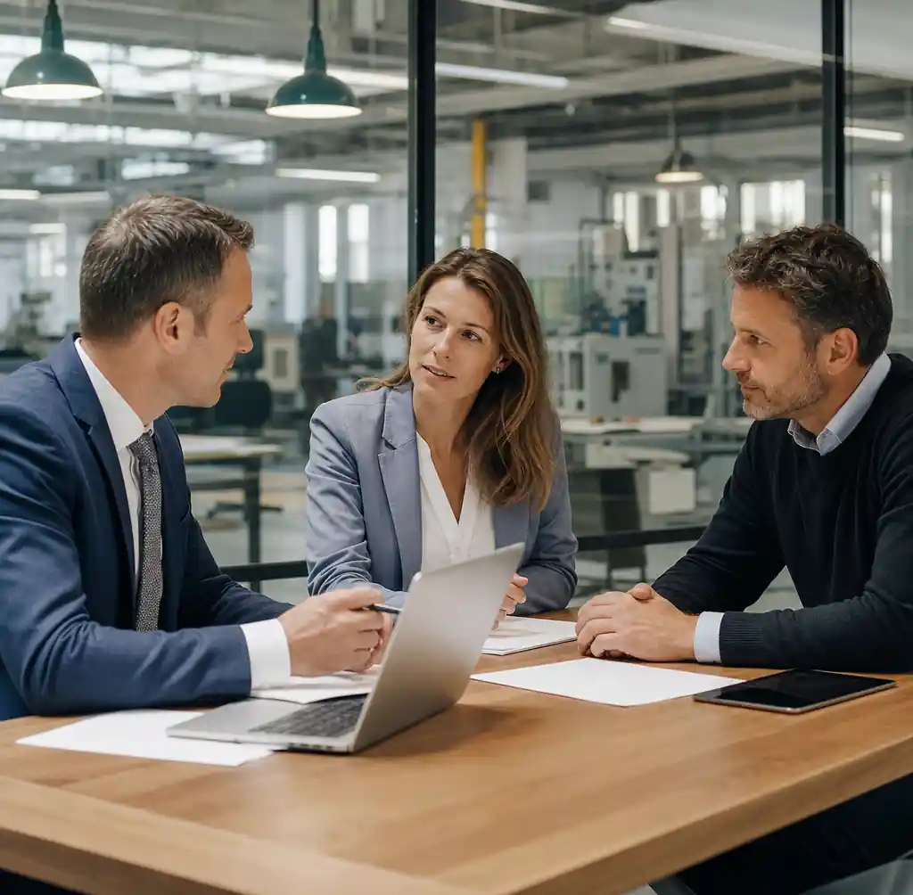 Business professionals in meeting discussing equipment financing terms and contracts