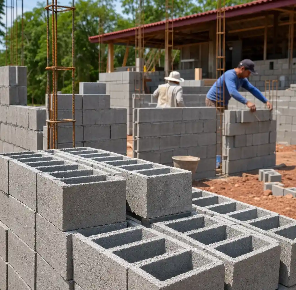 Concrete blocks produced by block machines used in actual construction project