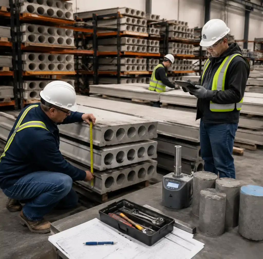 Quality control inspection and testing of finished hollow core slabs in manufacturing facility