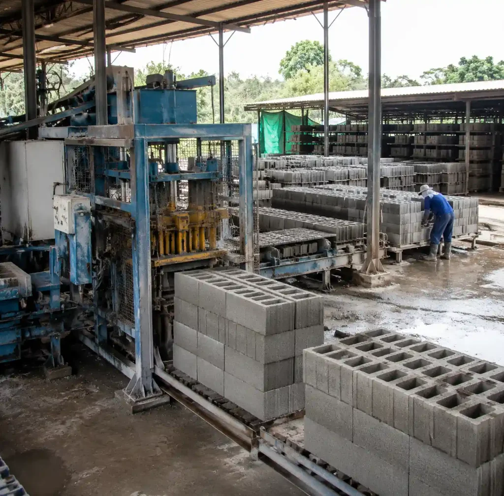 Medium-scale block production facility showing hybrid curing setup
