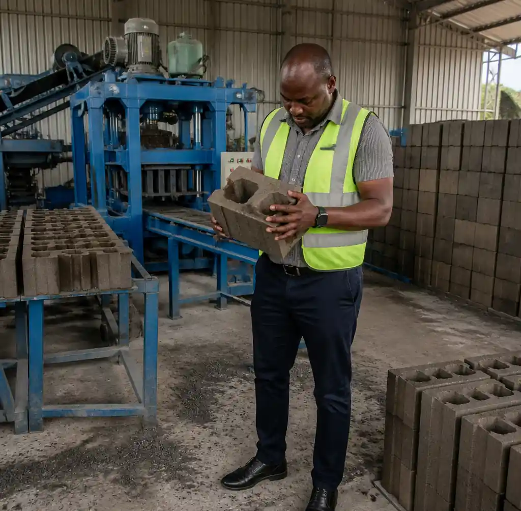 Startup entrepreneur inspecting finished concrete blocks at small production facility