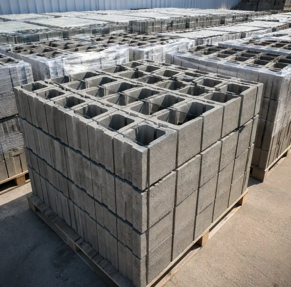 Palletized cured concrete blocks ready for quality inspection and shipping