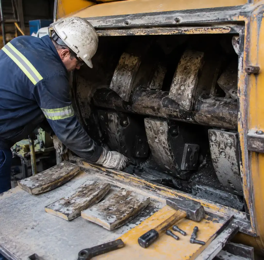 Maintenance technician replacing worn mixing blades and wear liners