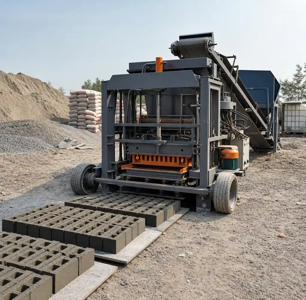 Mobile block machine with local raw material sourcing on construction site