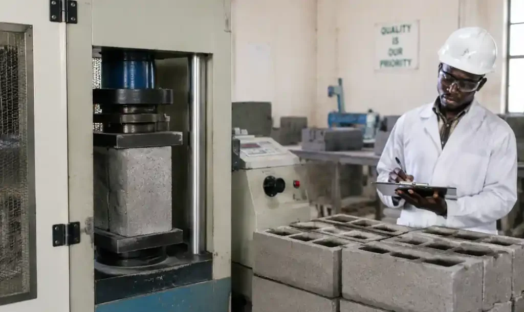 Quality control testing of concrete blocks in African facility